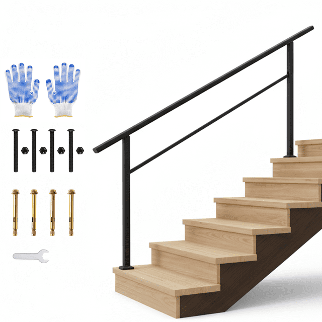 Metal Handrail – Adjustable for 2-6 Steps – Black Deck Stair Railing – Porch, Exterior & Indoor – DIY Install Kit