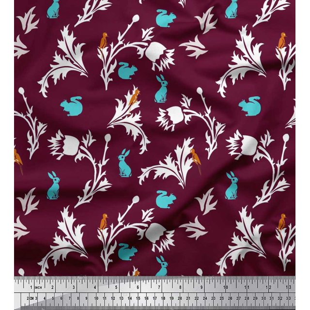 Soimoi Satin Silk Fabric Leaves,Floral & Rabbit Animal Fabric Prints By Yard 42 Inch Wide