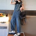 thumbnail image 2 of XIMIN Girls' Washed Denim Overalls - Adjustable Strap Button Front Bib Overalls with Pockets & Cropped Fit (Blue, 13-14 Years), 2 of 9