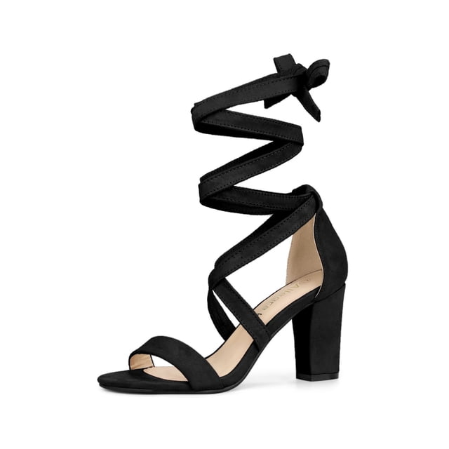 BLISSFUL STEP Women's Sandals Solid Color Mid Block Heels Lace up Sandals Black 9