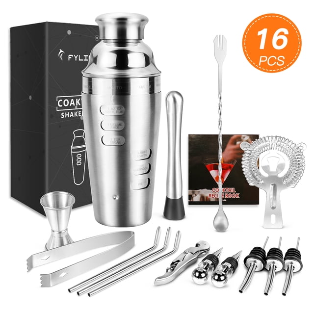 Cocktail Set Cocktail Shaker Bartender Kit Bar Accessories, a 16-piece stainless steel bar tools set including a shaker, jigger, muddler, strainer, stirring spoon, tongs, pourers, and reusable straws. Designed with a brushed finish for durability and scratch resistance, all components are dishwasher-safe for easy cleaning. Perfect for mixing cocktails at home or professional bartending.