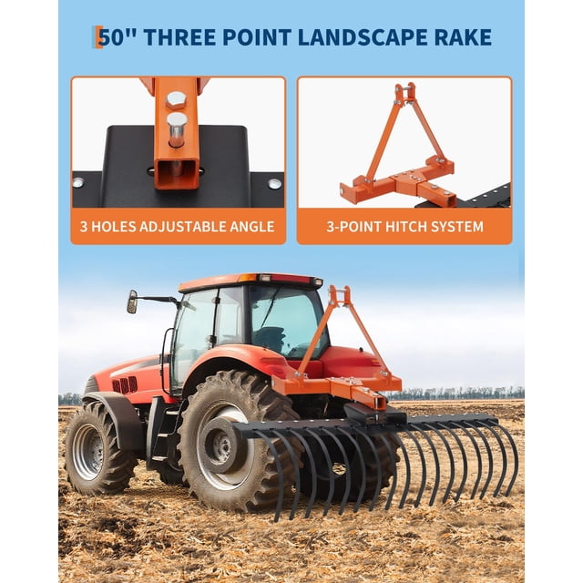 Edtara 3 Point Tractor Landscape Rack, 50 Inch Heavy Duty Steel With Replaceable Spring Tines & Hitch Pin, Fits Category-0/Cat-1, Quick Mount for Garden, Lawn, Farm and Grass Maintenance