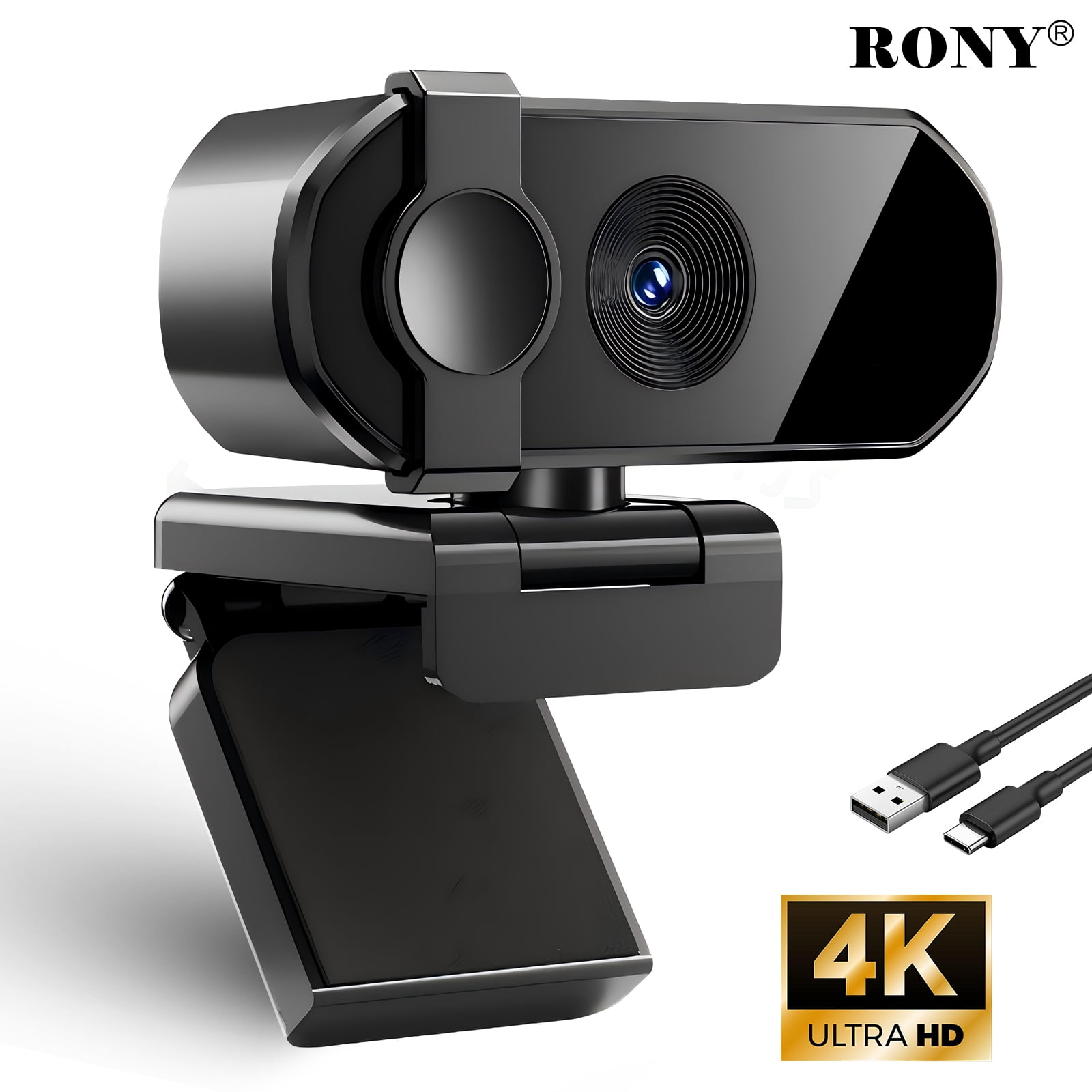 RONY 4K Webcam with Microphone, Plug & Play USB Camera with Auto Focus and Noise- Cancelling Mic for Streaming/Meetings/Gaming, Black