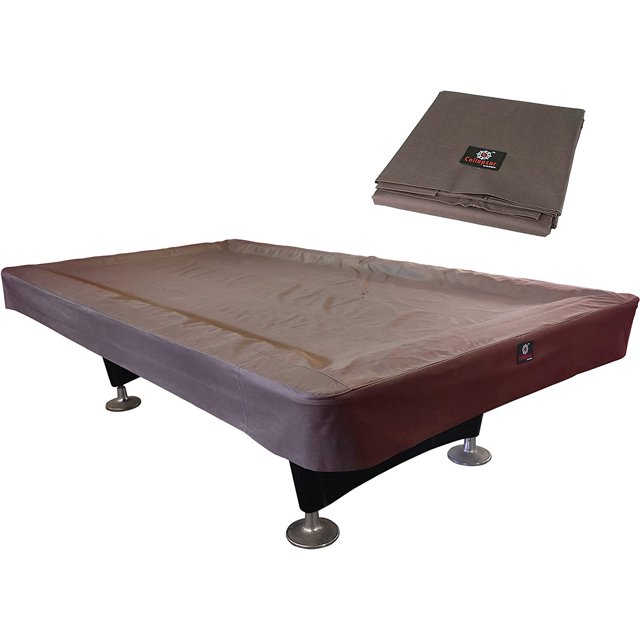 GFDYREE 7/8/9FT Heavy Duty 600D Polyester Canvas Billiard Pool Table Cover in coffee brown, designed for 9-foot tables. Made of durable 600D polyester canvas fabric with rip-resistant, machine-sewn seams. Measures 114 inches by 64 inches by 8 inches, providing protection against sunlight, spills, dust, dirt, and pets. Suitable for game room use.