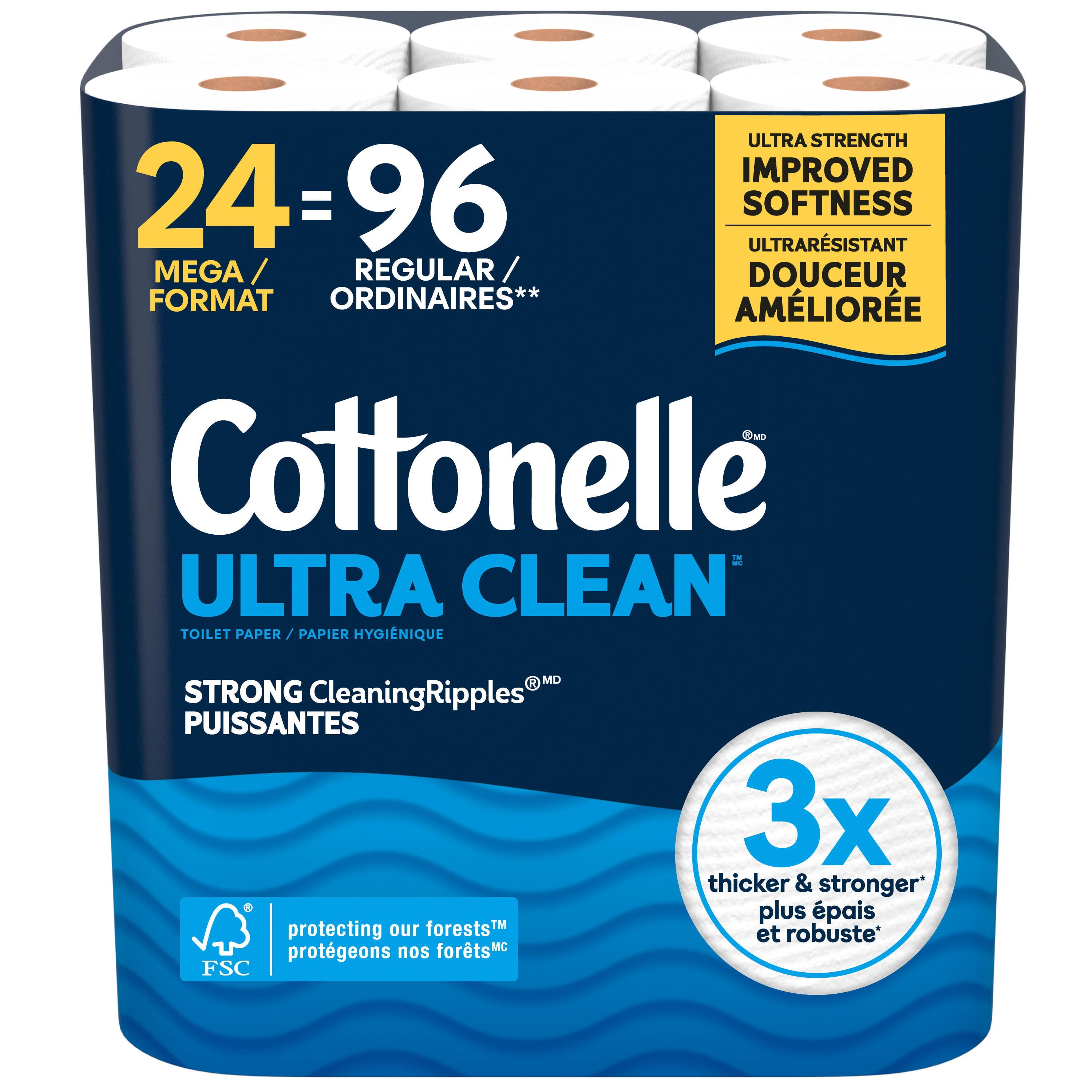 Cottonelle Ultra Clean Toilet Paper, Strong Toilet Tissue, 24 Mega Rolls