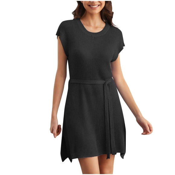 Yuyuzo Cap Sleeve Dress for Women Crewneck Knit Mini Dress Flow A Line Short Dresses with Belt
