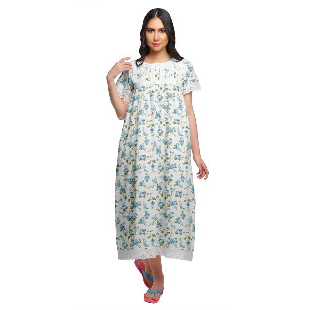 Moomaya Printed Sleepwear Cotton Ruffled Border Womens Maxi Nightdress
