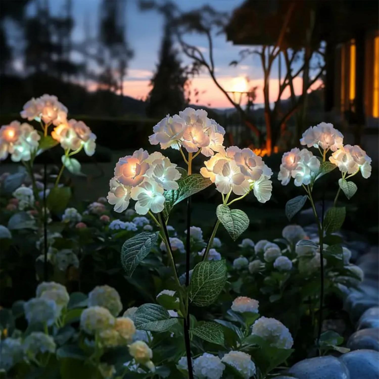 Fairy Hydrangea Lights, 3 Pack Solar Garden Lights Outdoor, IP65 Waterproof Colorful LED Flower Light, 15H Lighting Time, Pathway Patio Yard Décor (White