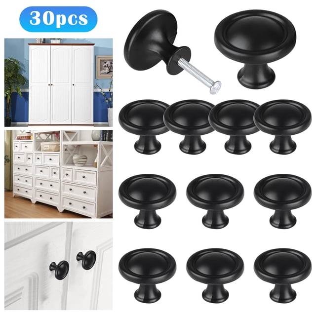 Clip de Fixation 2/ Boutons d'Armoire de Cuisine Poignées de Tiroir Rondes Quincaillerie d'Armoire Boutons Ronds avec Vis Finition Noire Élégante pour Rangement à la Maison 30 Pcs