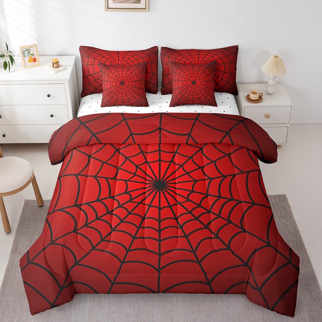 YST Ensemble de Douillette Décorations d'Halloween Araignée Noire Géante, 7 Pcs, Toile d'Araignée Gothique, Lit Simple