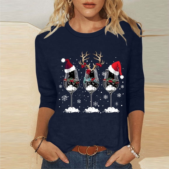 Amzcrzy Womens Tops Christmas Graphic T Shirts for Women Fashion Xmas Round Neck 3/4 Length Sleeve Tops for Women Casual Comfortable Womens Fall Tops