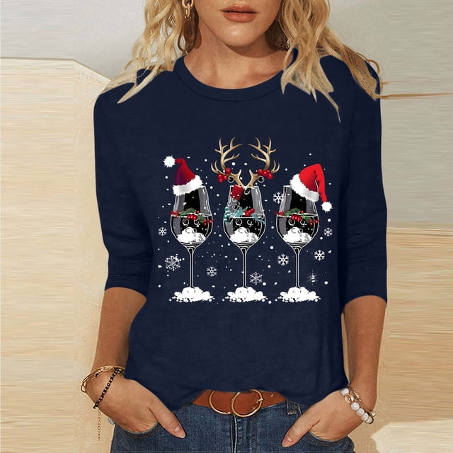 Amzcrzy Hauts pour Femmes T-Shirts Graphiques de Noël pour Femmes Mode Xmas Col Rond Manches 3/4 Hauts pour Femmes Décontractés Confortables Hauts d'Automne pour Femmes