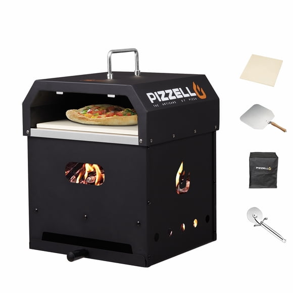 4 in 1 Outdoor Pizza Oven 2 Layer Detachable Grill Oven 12" Portable Pellet Wood Pizza Maker with Stone, Peel, Cover, Cutter, Cooking Grill Grate