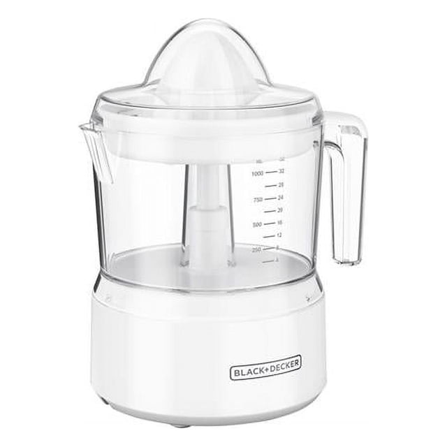 Black & Decker CJ650W Extracteur d'Agrumes en Plastique Blanc avec Contenant transparent Présentant des Repères de Mesure. Comprend une Tête de Pressage en Forme de Cône et une Poignée Ergonomique pour un Versement Facile. Convient à l'Extraction d'Agrumes et à la Préparation de Recettes Nécessitant du Jus Frais.