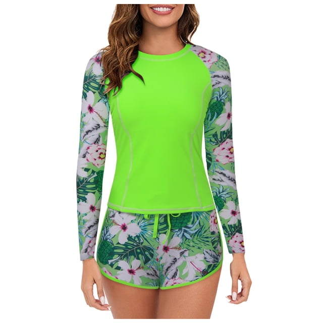 Kcodviy Women 2 Piece Long Sleeve Guard Women Sleeve Rash Guard with Guard for Women Plus Size Built in Bra Swimsuits Long Sleeve Guard Upf 50+ Swim Shirt Surf Guard for Men with Boyshort Bottom