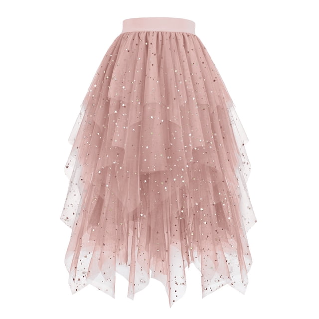 Besolor Womens Star Sequin Tulle Skirts High Waisted Mesh Layered A-Line Fairy Party Prom Midi Long Skirts