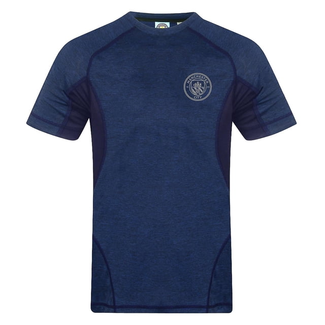 Manchester City Boys T-Shirt Poly Training Kit Kids OFFICIAL Football Gift. A short-sleeve polyester T-shirt in a marl navy blue design with contrasting dark blue panels. Features the full-colour Manchester City club crest on the chest. Available in sizes for kids aged 2-13 years, with chest measurements ranging from 24 to 34 inches. Made from 100% polyester, ideal for training or casual wear.