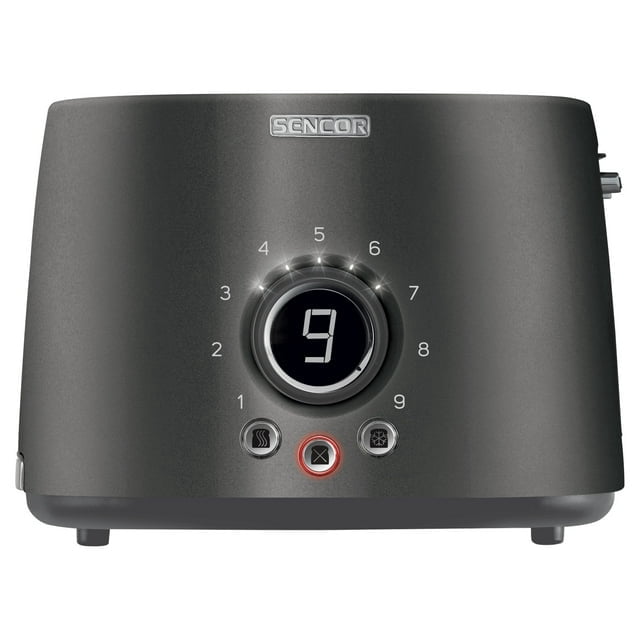 Sencor STS-6058BK 2-Slice Premium Metallic Toaster in black with a sleek metallic finish and a digital control panel featuring a timer with 9 toasting intensity levels. The toaster includes wide slots, a removable warming rack, and three functions: cancel, defrost, and bagel. The heat-insulated outer case is cool to the touch, and the anti-slip feet ensure safe use. The design includes a stainless steel top and a contrasting white base with cord storage.