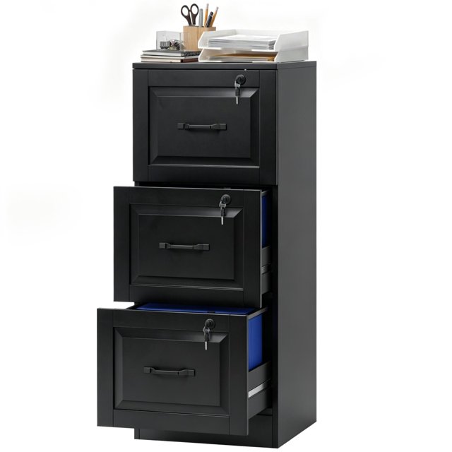 Classeur Vertical à 3 Tiroirs avec Verrous Indépendants, Armoire de Rangement de Bureau en MDF Noire avec Rails Ajustables pour Formats A4 et Lettre, Design Compact pour la Maison Ou le Bureau, 15,7 Pouces x 39,8 Pouces