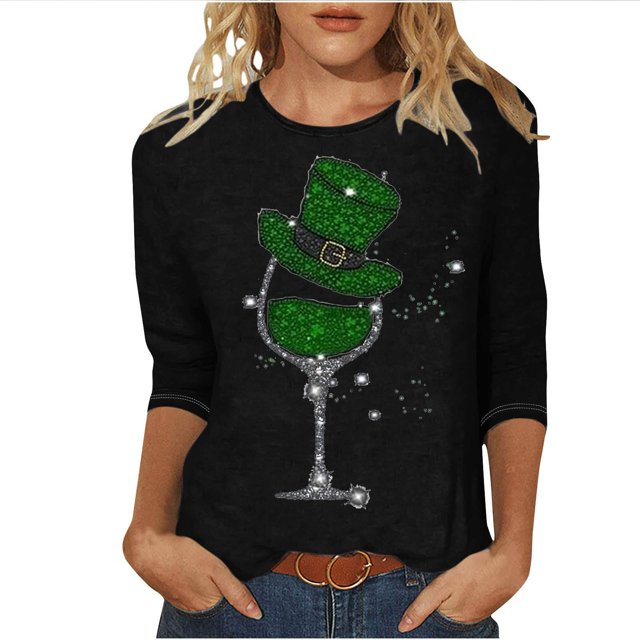 Besolor T-Shirts de la Saint-Patrick pour Femmes Imprimé Col Rond Manches 3/4 Tunique Décontractée Blouse d'Été Ample
