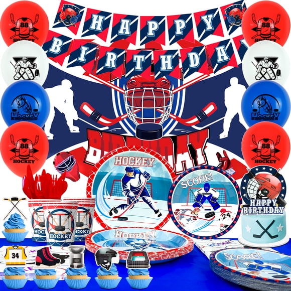 168 Pcs Décorations et Vaisselle de Fête de Hockey, Incluant Ballons Bannière Toile de Fond Assiettes Serviettes Nappe Etc. Fournitures de Fête d'Anniversaire de Hockey sur Glace