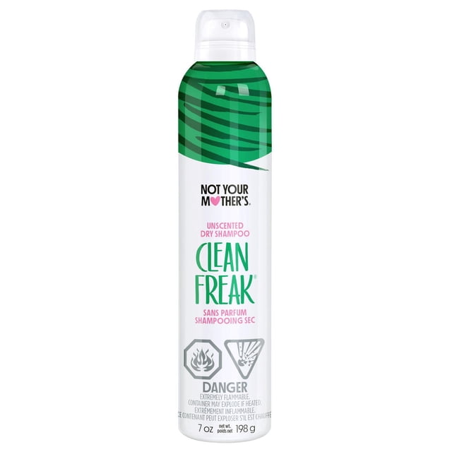 CLEAN FREAK DRY SHAMPOO UNSCENTED by Not Your Mother's Haircare, a 7 oz (198 g) aerosol can with green zebra stripes on the upper half and white lower half, formulated for instant oil absorption to refresh hair without water, fragrance, or residue, suitable for quick hair care between washes.