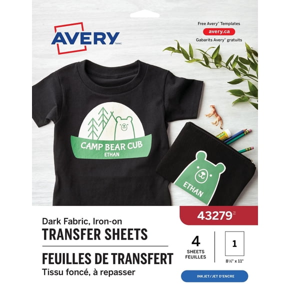 Avery Transferts pour T-shirts foncés, 11 po x 8 ½ po, pour imprimantes à jet d'encre - 43279