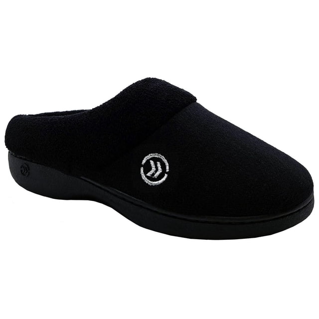 Isotoner® Women's Della Microterry Hoodie Slippers in black, side profile showing soft microterry upper, memory foam cushioning, rubber outsole, and embroidered logo, suitable for indoor wear and easy slip-on comfort.