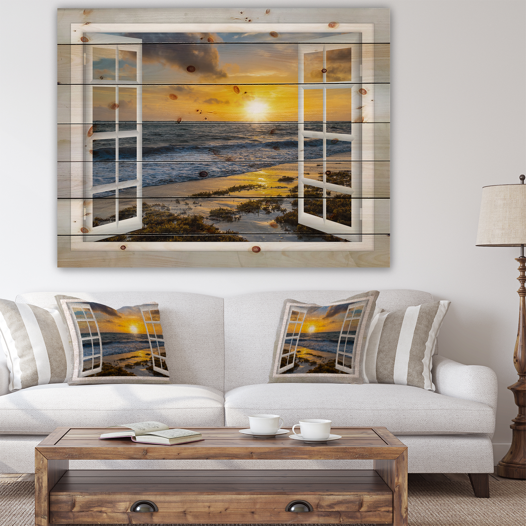 Tableau sur toile imprimée Design Art Paysage marin moderne Couchée de soleil jaune brillant à travers une fenêtre