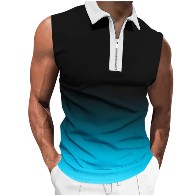 Plebaso Tank Tops for Men Casual Quarter Zip Collared Tee Shirts Sleeveless Gradient Color Fashion Shirts