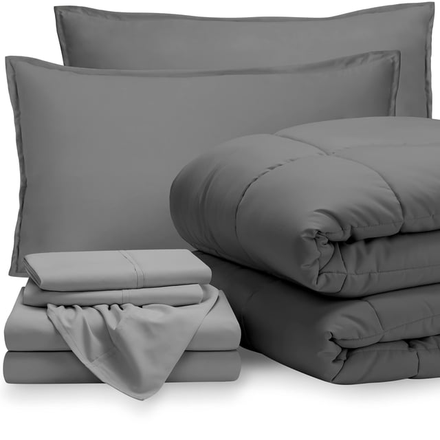 Bare Home Bedding Set 7 Piece Comforter & Sheet Set - Queen - Goose Down Alternative - Ultra-Soft 1800 Premium Bed Set (Queen, Grey/Light Grey)