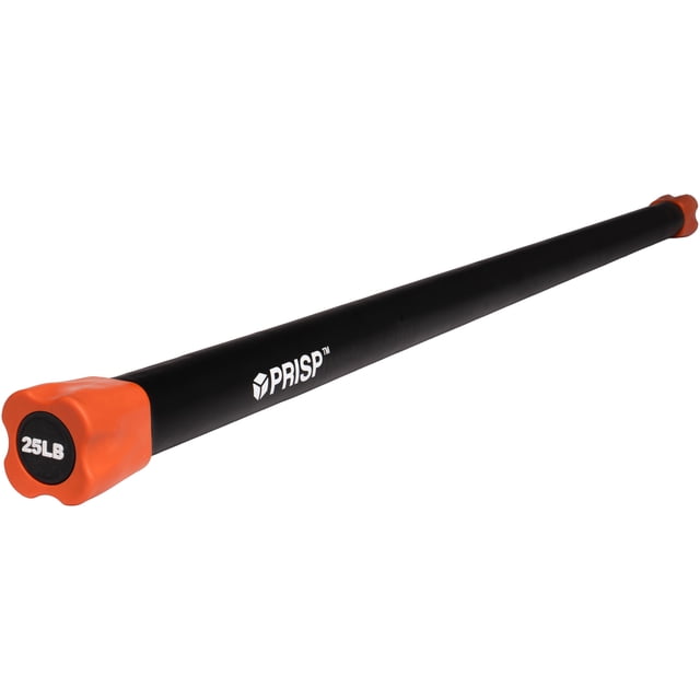 PRISP Weighted Exercise Workout Bar for home gym, fitness, yoga, and strength training. The bar is made of solid steel with a black foam covering for a comfortable grip and orange square end caps for stability and weight identification. The 25 lb weight is evenly distributed along the bar, making it suitable for exercises like lunges, shoulder presses, and core strengthening.