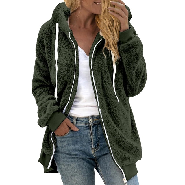 Qertyioot Mode Femmes Fermeture Éclair Col en V Chandail à Enfiler Hauts Manches Longues Blouse à Capuche Chandail