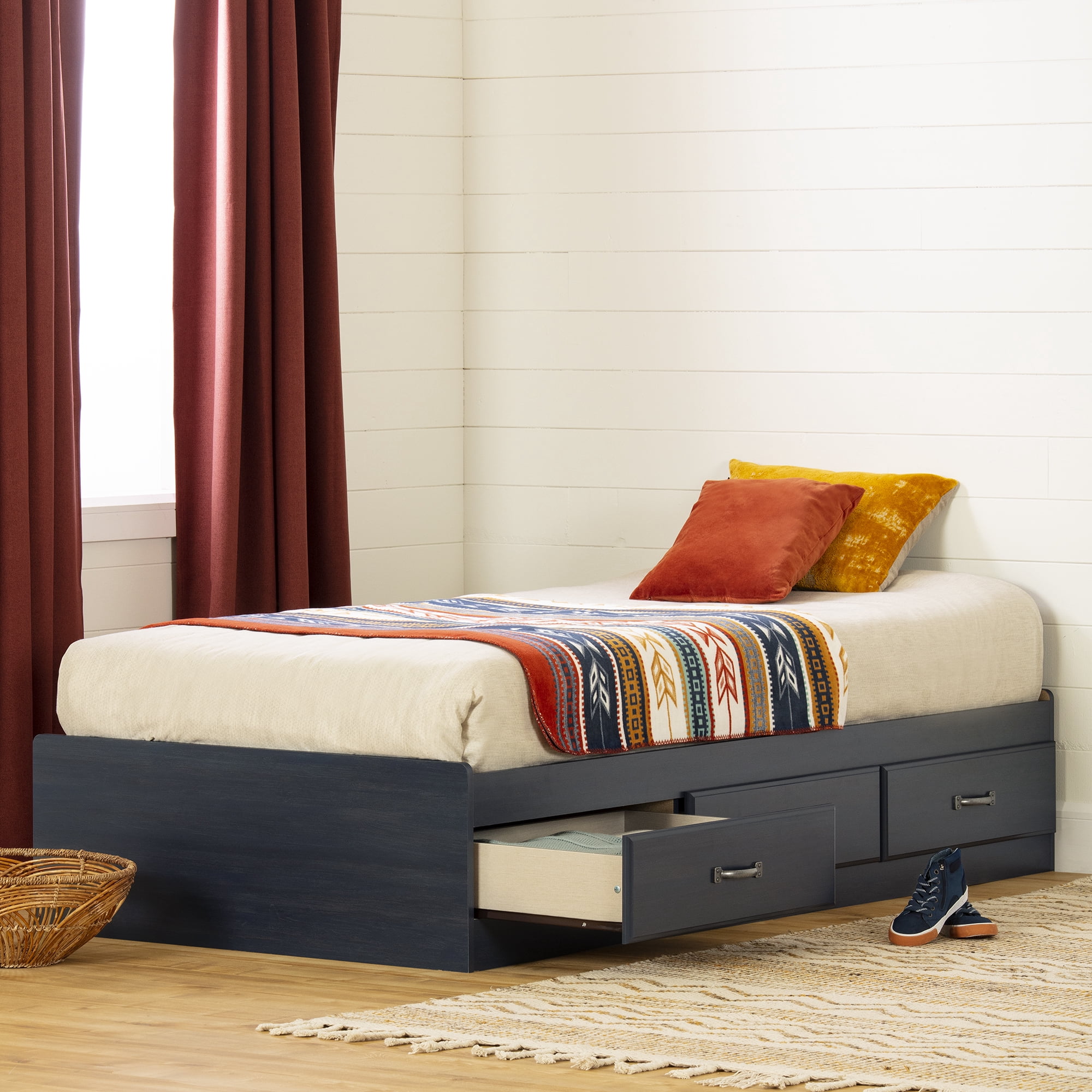 South Shore Ulysses Full Mates Platform Storage Bed with 3 Drawers, in Blueberry