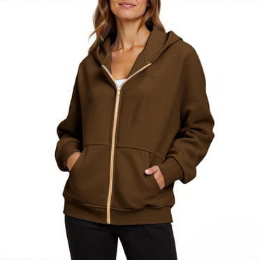 Xdegoge Womens Hoodies Sweatshirt Fall Fashion Zip up Hoodie Gold Zipper Comfy Hoodies 2025 Trendy Long Sleeve Casual Jackets Coat with Pockets Winter Clothing Outfits Clothes Plus Size Coffee L