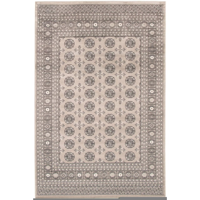 Tekke Oriental Area Rug for Living Room, Dining Room, Bedroom in grey featuring symmetrical oval and diamond-shaped motifs with a traditional floral border and soft pile, ideal for adding classic style and comfort to various home spaces.