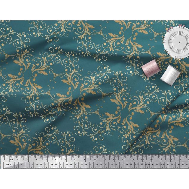 Soimoi polyester Crepe Fabric Filigree Damask Print Fabric by Yard 42 Inch Wide