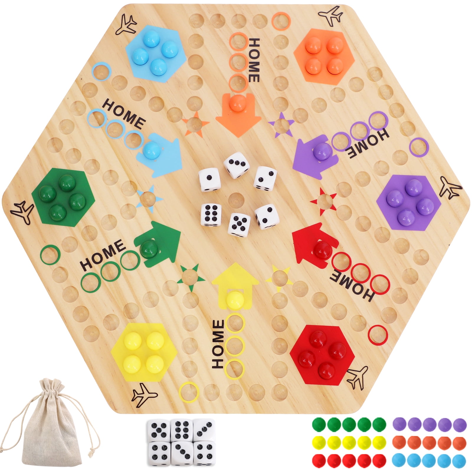Wooden Wahoo Fast Track Board Game, Double Sided Design with 24 Marbles 6 Dice for Family Group Game Night