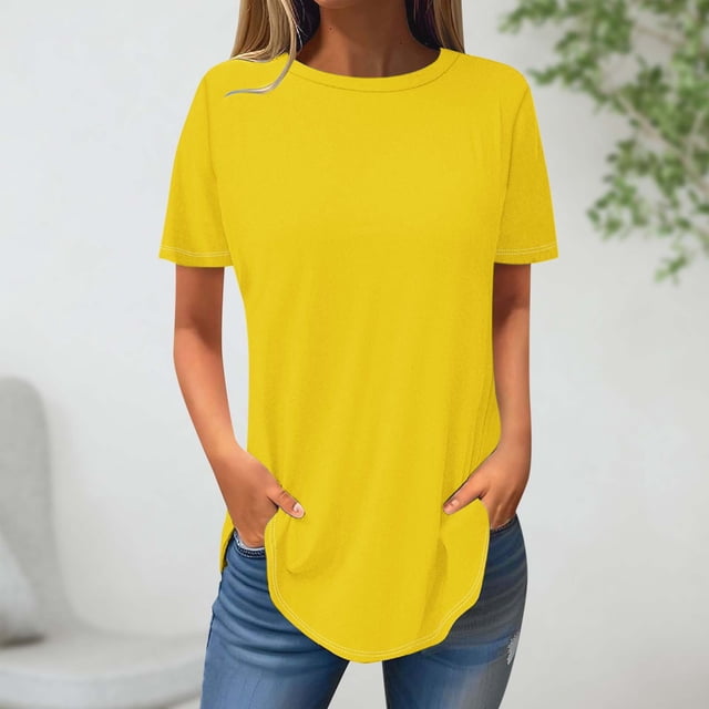 Frostluinai Hauts à Col Rond pour Femmes Manches Courtes T-Shirts Décontractés Basiques Couleur Unie Ourlet Incurvé Doux Blouses Coupe Ample pour Sortir