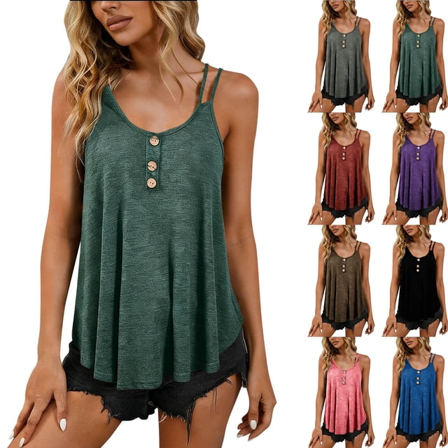 Sentmoon Hauts pour Femmes T-Shirts pour Femmes Camisole à Col Rond Plissée Mode Couleur Unie Tendance pour Travail & Bureau Vert TTG