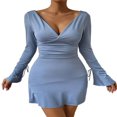 thumbnail image 1 of Solid Color Flare Long Sleeve V-Neck Tie Back Bodycon Dress for Women, 1 of 9