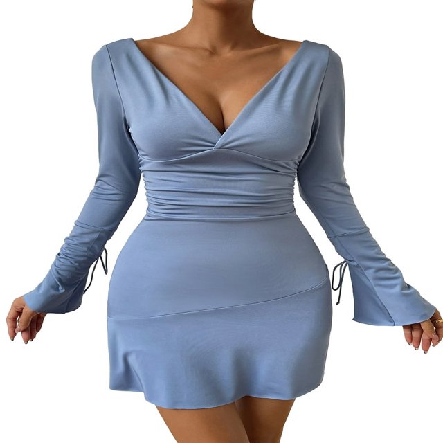 Solid Color Flare Long Sleeve V-Neck Tie Back Bodycon Dress for Women