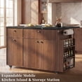 thumbnail image 4 of OMCHOM 48" Walnut Rolling Kitchen Island - Power Outlet, Drop Leaf, 2 Drawers, 3 Doors, Trash Can Cabinet Spice & Towel Rack, 4 of 9