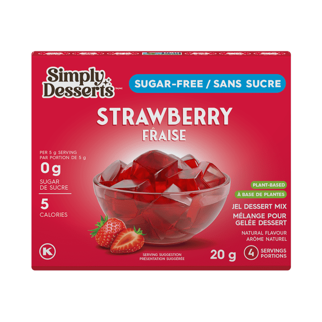 Simply Desserts - Strawberry Jel Dessert, 20g front-facing pouch of strawberry-flavoured jelly dessert mix from Simply Desserts, sugar free, vegan, Non-GMO certified, keto, gelatin-free, kosher, plant-based and gluten-free that sets with or without refrigeration, often used for quick desserts or layering in parfaits.