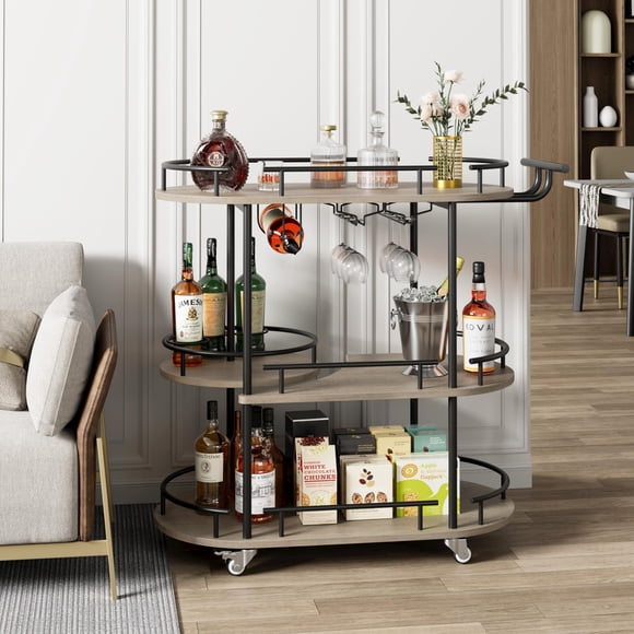 Bar Carts with 3-Tiers Storage Shelves,Mobile Serving Cart on Wheels with Wine Rack & Glass Holder for Kitchen, Dining, or Living Room