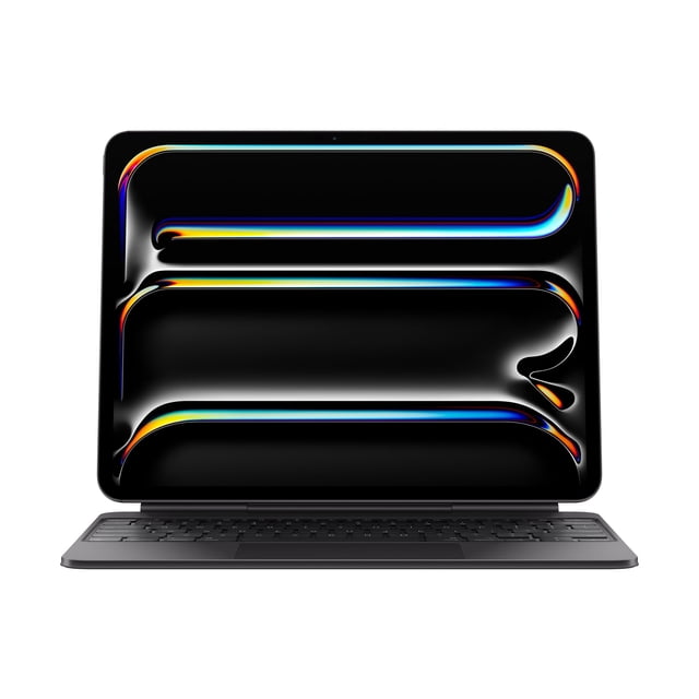 Apple Magic Keyboard et Étui Folio Canadien Français Noir pour Apple iPad Pro 13 Pouces (M4) Montré Orienté vers l'Avant avec Écran Ouvert, Doté d'Un Clavier Noir avec Pavé Tactile Intégré et Repose-Paume en Aluminium, Conçu avec un Porte-à-Faux Flottant pour des angles de Vision Ajustables et une Recharge pass-through USB-C, Idéal pour une Frappe Ergonomique et la Productivité.