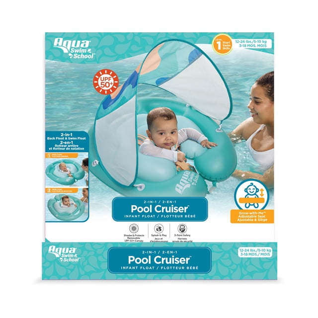 Aqua Loisirs Swim School Bateau Gonflable pour Bébé en Sarcelle avec Auvent Amovible UPF 50+, Doubles Chambres à air, et Siège en Mousse et Maille Ajustable, Flottant dans une Piscine avec un Nourrisson Sécurisé par un Harnais de Sécurité à 3 Points, Conçu pour les Bébés de 12 à 24 Lb (5 à 10 kg) Âgés de 3 à 18 Mois, Doté d'Une Poignée de Transport pour des Manœuvres Faciles.