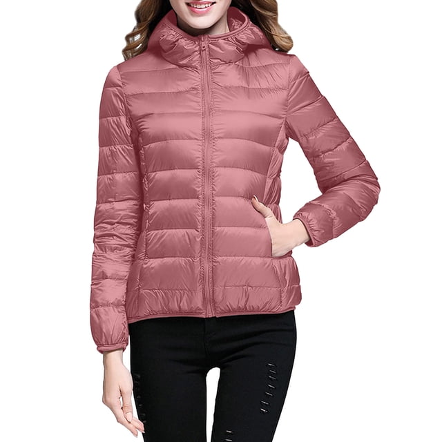 Packable down Jacket, Lightweight Hooded Puffer, White Duck down Coat Pink S , Coat