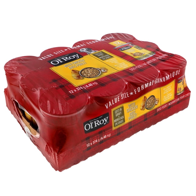 Ol' Roy Wet Dog Food with Chicken value pack of 12 cans, each 374 g, wrapped in red plastic with yellow labels showing cuts in gravy dog food for adult dogs, featuring chicken and beef cuts with meat by-products and vegetables, offering 100% complete and balanced nutrition.
