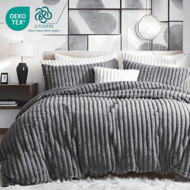 JOLUSERE Dark Gray Fluffy Striped Duvet Cover King Set, 3-Piece Super Soft Faux Rabbit Fur Winter Warm Fuzzy Comforter Cover